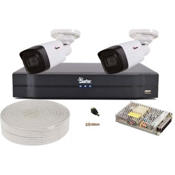 Kit de supraveghere pentru exterior, 2 camere bullet, Starlight, 5MP, DVR 4 canale, Functii AI, Accesorii incluse, Safer KITSAF2X-5MP80F36-A-ACC