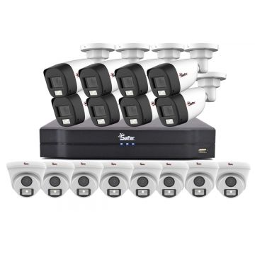 Sistem supraveghere mixt 16 camere rezolutie 2MP Full HD, IR si LED alb, DVR 16 canale, KIT16MIXTSAF