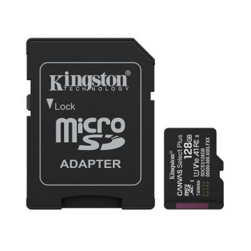 Card microSD 128GB, Kingston SDCS3/128GB, Clasa 10 UHS-I, U1, V10, citire cu 150Mbps, adaptor card inclus