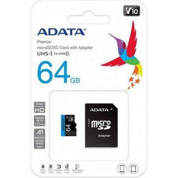Card microSD 64GB, clasa UHS-I 10, 100/25MB/s, ADATA AUSDX64GUICL10A1-RA1