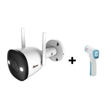 Kit camera bullet IP wireless Guardian Safer, 2K, Iluminare duala, Audio, Alarma, si termometru, SAF-WB42FEP+UT305H