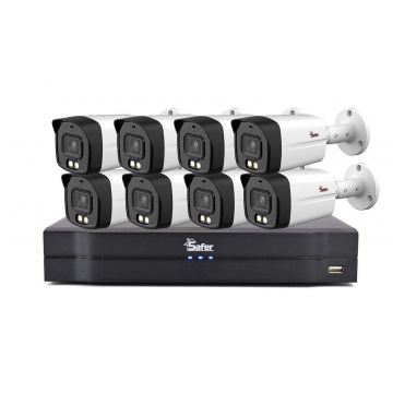 Kit de supraveghere exterior, DVR 16 canale, Audio prin HDCVI, 8x camera bullet 5MP, IR si LED 40m, Safer KIT-DVR16+8BP