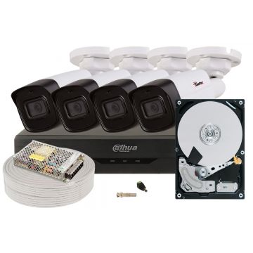 Kit de supraveghere pentru exterior, 4 camere bullet, 5MP, IR 80m, Microfon, DVR 4 canale, Functii AI, 1 HDD de 2TB, Accesorii incluse, KITSAF4X5MP80F36-A-ACCHD