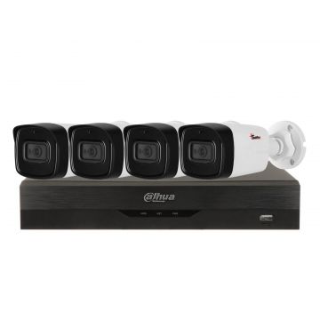 Kit de supraveghere pentru exterior, 4 camere Bullet, 8MP, IR 80m, DVR 4 canale, Functii AI, Dahua KITSAF4X-5MP80F36-A