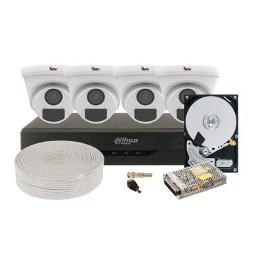 Kit de supraveghere pentru interior, 4 camere Dome, Starlight, DVR 4 canale, functii AI, Hard disk 2 TB, Accesorii incluse, KITINT-4X-5MP28I20-ACC-HDD