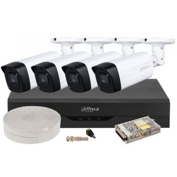Kit de supraveghere video Dahua, Full HD, IR 80m, DVR 4 canale, recunoastere faciala, KITDAH2MP80EXTACC-M