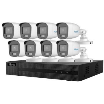 Kit supraveghere cu 8 camere de exterior Hikvision HiLook, 5MP 3K, Iluminare duala Smart, KIT208UM1+8xB159-MS