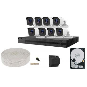 Kit supraveghere HDTVI Hikvision HiLook, 4 camere exterior, 2MP, DVR 4 canale, HDD si accesorii, KITDVR4CAMHDD-ACC