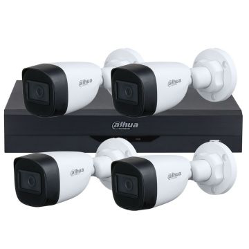 Kit supraveghere 4 camere basic 5 MP, IR 30 M, lentila fixa de 2.8, DVR 4 canale, Dahua cu Wizsense, inteligenta artificiala