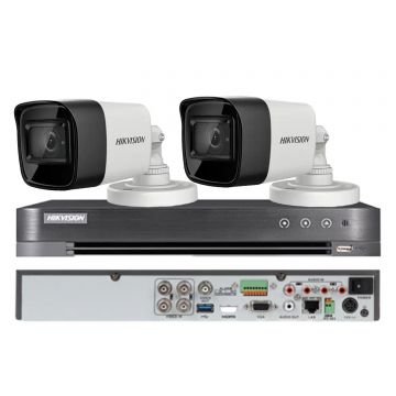 Sistem de supraveghere video Hikvision 2 camere 4 in 1, 8MP, lentila 2.8mm, IR 30m, DVR 4 canale 4K 8MP