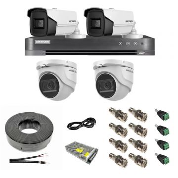 Sistem supraveghere mixt 4 camere: 2 dome 8MP IR 30m, 2 bullet 4 in 1 8MP IR 80m, DVR 4 canale 4K 8MP, accesorii