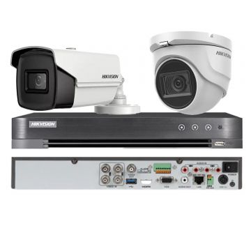 Sistem supraveghere mixt Hikvision 2 camere, 1 dome 8MP 4 in 1, IR 30m, 1 bullet 4 in 1 8MP, 3.6mm, IR 80m, DVR 4 canale 4K 8MP