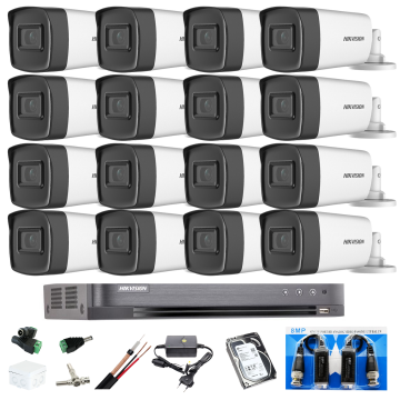 Kit complet 16 camere supraveghere exterior 5MP TURBO HD HIKVISION 40 m IR, accesorii +hard 4TB