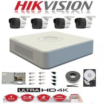 Kit complet 4 camere supraveghere exterior 5MP TurboHD Hikvision IR 20M DVR 4 Canale sursa alimentare accesorii + hard 1TB