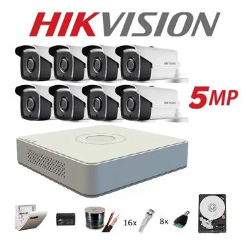 Kit complet 8 camere supraveghere exterior 5MP TURBOHD HIKVISION 40 m IR, accesorii+hard 2TB