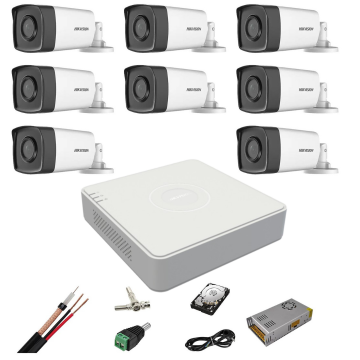 Kit complet supraveghere 5 MP Hikvision Turbo HD 8 camere, IR 40 m, HDD 2Tb, 200 m cablu