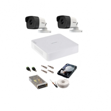 Kit complet supraveghere 5 MP Hikvision Turbo HD cu 2 camere Bullet IR 20 m,alimentatori, cabluri, mufe, HDD 500 Gb, vizualizare pe internet