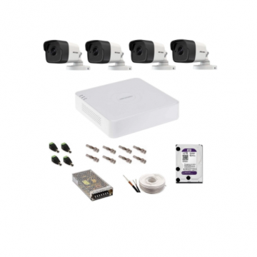 Kit complet supraveghere 5 MP Hikvision Turbo HD cu 4 camere exterior DVR TurboHD 8MP IR 25m HDD 1 Tb accesorii complete vizualizare pe telefonul mobil