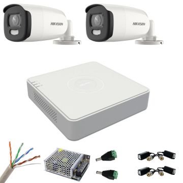 Kit de supraveghere Hikvision 2 camere 5MP ColorVu, Color noaptea 40m, DVR cu 4 canale 8 MP, accesorii incluse