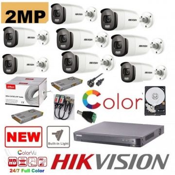 Kit supraveghere 8 camere profesional Hikvision 2mp Color Vu cu IR 40m (color noapte ) , accesorii incluse, HDD 2TB