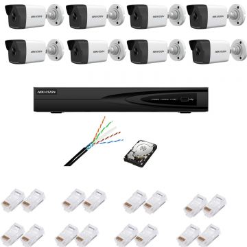 Kit supraveghere complet cu 8 camere IP, 4MP, IR 30m, lentilă 2.8mm, NVR cu 8 canale IP, Ultra HD 4K, accesorii