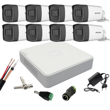 Kit supraveghere Hikvision cu 8 camere, 2 Megapixeli, Infrarosu 80m, Lentila 3.6mm, DVR cu 8 canale, Accesorii