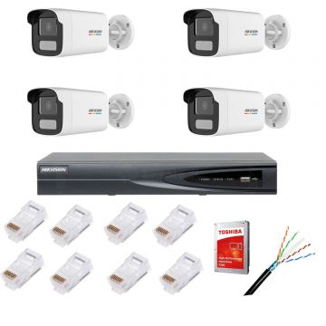 Kit supraveghere IP cu 4 camere ColorVu, 4MP, lentilă 4mm, lumină albă 50m, NVR cu 4 canale IP 4K, accesorii, HIKVISION