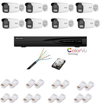 Kit supraveghere IP cu 8 camere ColorVu, 4MP, lentilă 4mm, lumină albă 50m, NVR cu 8 canale IP 4K, accesorii, HIKVISION Kit supraveghere IP cu 8 camere ColorVu, 4MP, lentilă 4mm, lumină albă 50m, NVR cu 8 canale IP 4K, accesorii, HIKVISION