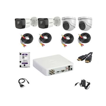 Kit supraveghere video Hikvision 5MP format din 2 camere tip dome ,2 camera tip bullet si accesorii complete incluse