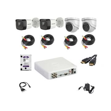 Kit supraveghere video Hikvision 5MP format din 2 camere interior 2 camere exterior DVR 4 canale si accesorii complete incluse