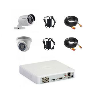 Sistem camere supraveghere video mixt complet 2 camere Hikvision full hd cu IR 20 m plug and play, DVR 4 canale, accesorii