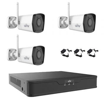 Sistem de supraveghere 3 camere Wi-Fi IP 2MP UNV, Smart IR 30m, 2.8mm, Microfon, NVR 4 canale 4K, accesorii