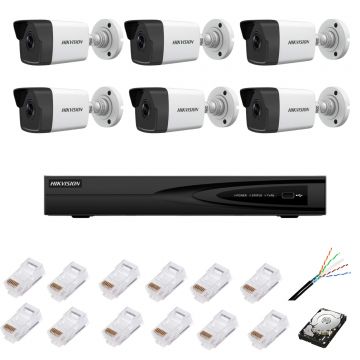 Sistem de supraveghere complet cu 6 camere IP, 4MP, lentilă 2.8mm, IR 30m, NVR cu 8 canale IP cu rezoluție 4k, accesorii