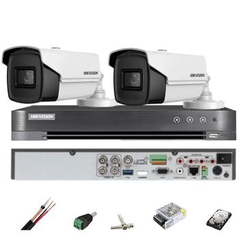 Sistem de supraveghere HIKVISION 2 camere bullet 8MP, IR 80m, 4 in 1 lentila 3.6mm, DVR 4 canale, accesorii, hard disk