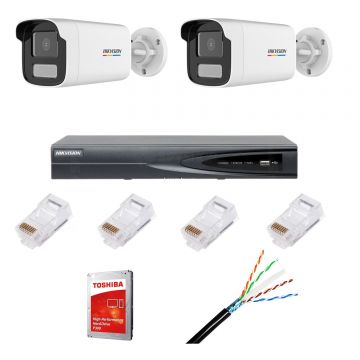 Sistem de supraveghere IP cu 2 camere ColorVu, 4MP, lentilă 4mm, lumină albă 50m, NVR cu 4 canale IP 4K, accesorii, HIKVISION