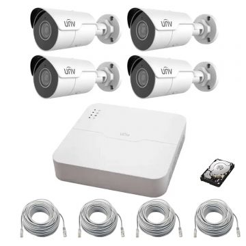 Sistem de supraveghere IP PoE UNV 4 camere Starlight 4MP, 2.8mm, IR 50m, NVR 4 canale 8MP, accesorii, hard disk 500GB