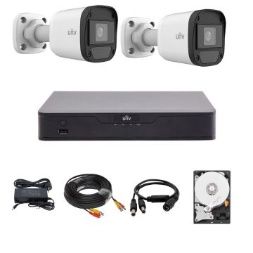 Sistem de supraveghere Uniview cu 2 camere 5 Megapixeli, Infrarosu 20M, DVR Hibrid cu 4 canale 5MP, HDD, accesorii