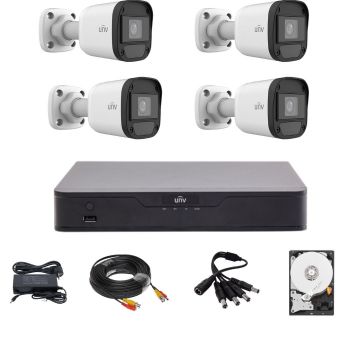 Sistem de supraveghere Uniview cu 4 camere 5 Megapixeli, Infrarosu 20M, DVR Hibrid cu 4 canale 5MP, HDD, accesorii