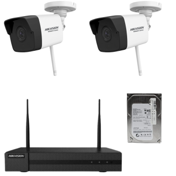 Sistem supraveghere 2 camere Hikvision HiWatch wireless 2MP, 30m IR, lentila 2.8mm, NVR 4 canale HDD inclus