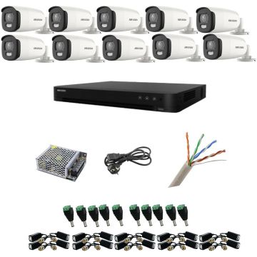 Sistem supraveghere Hikvision 10 camere 5MP ColorVu, Color noaptea 40m, DVR cu 16 canale 8MP, accesorii incluse