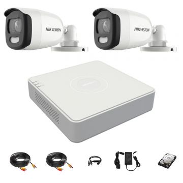 Sistem supraveghere Hikvision 2 camere 5MP ColorVu 2.8mm, lumina alba 20m, DVR 4 canale, accesorii montaj, hard disk 1TB