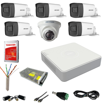 Sistem supraveghere Hikvision 6 camere Turbo HD 2MP, 5 camere exterior IR80m si 1 camera interior IR20m, HARD 1TB