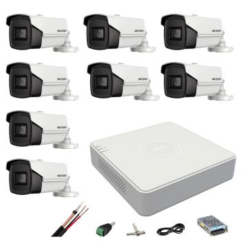 Sistem supraveghere Hikvision 8 camere 8MP 4 in 1, IR 60m, DVR 8 canale 4K, accesorii montaj