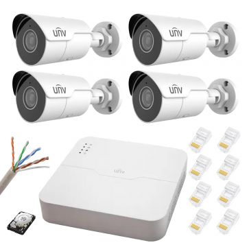 Sistem supraveghere IP PoE UNV 4 camere Starlight, 2.8mm, IR 50m, NVR 4K 4 canale 8MP, accesorii, HDD 500 GB