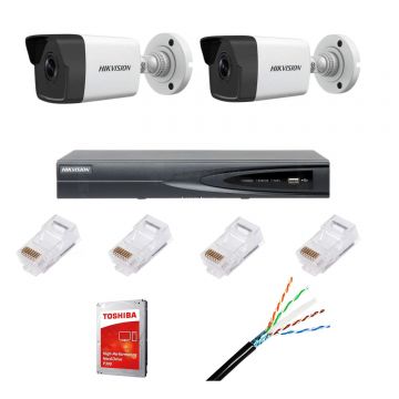 Sistem supraveghere video complet cu 2 camere IP, 4MP, IR 30, lentilă 2.8mm, NVR 4 canele IP, rezoluție 4k, accesorii