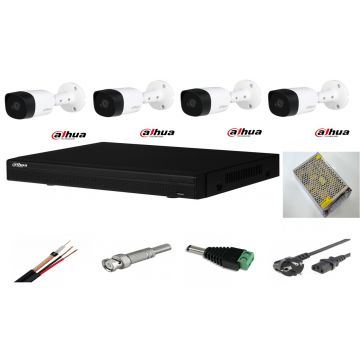 Sistem supraveghere video exterior 4 camere Dahua 2MP IR 20m, DVR Dahua, accesorii incluse