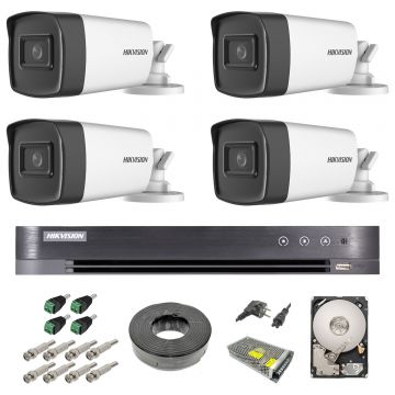 Sistem supraveghere video exterior complet Hikvision 4 camere Turbo HD 5 MP 80 m IR cu toate accesoriile, HDD 1tb