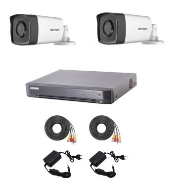 Sistem supraveghere video Hikvision 2 camere 2MP Turbo HD IR 80 M si IR 40 M cu DVR Hikvision 4 canale, full accesorii