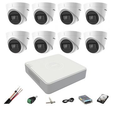 Sistem supraveghere video Hikvision 8 camere 4 in 1 8MP IR 60m, DVR 8 canale 4K, accesorii, Hard Disk