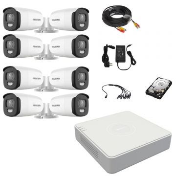 Sistem supraveghere video Hikvision 8 camere exterior ColorVu 5MP, lumina alba 40m, DVR 8 canale Hikvision, accesorii, hard disk